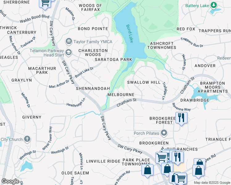map of restaurants, bars, coffee shops, grocery stores, and more near 212 Red Field Street in Cary