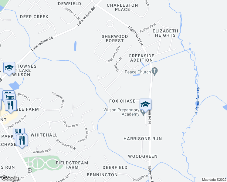 map of restaurants, bars, coffee shops, grocery stores, and more near 3603 Burkam Court North in Wilson