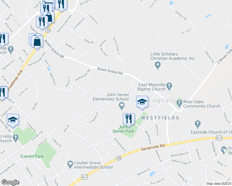 map of restaurants, bars, coffee shops, grocery stores, and more near 746 Providence Road in Maryville