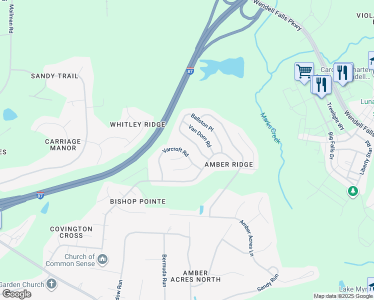 map of restaurants, bars, coffee shops, grocery stores, and more near 3137 Varcroft Road in Knightdale