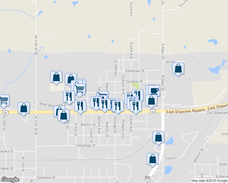 map of restaurants, bars, coffee shops, grocery stores, and more near 2201 Chicago Street in Muskogee
