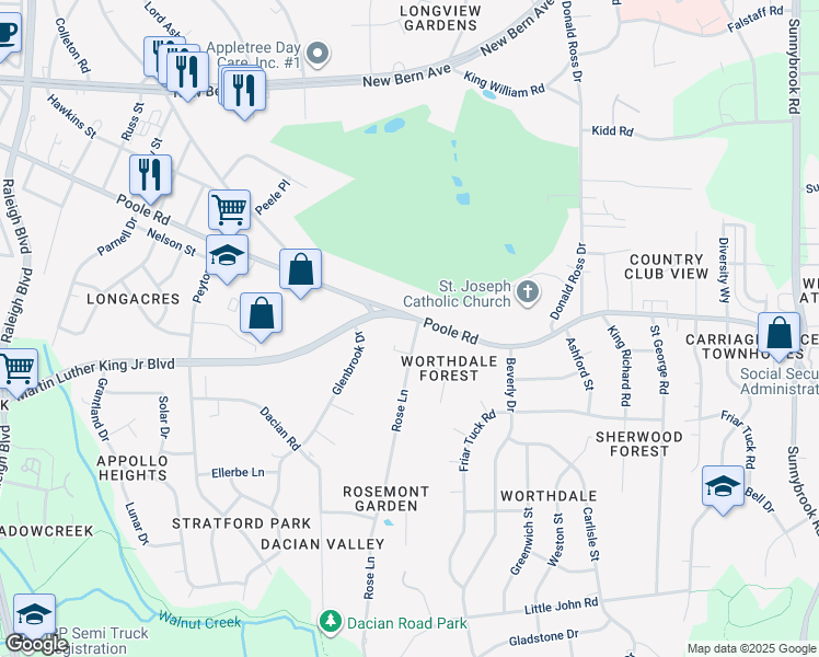 map of restaurants, bars, coffee shops, grocery stores, and more near 2632 Poole Road in Raleigh