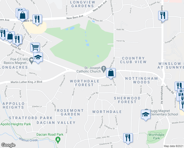 map of restaurants, bars, coffee shops, grocery stores, and more near 2755 Poole Road in Raleigh