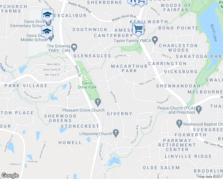 map of restaurants, bars, coffee shops, grocery stores, and more near 303 Modena Drive in Cary