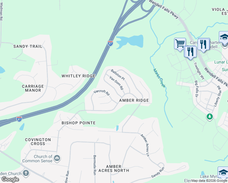map of restaurants, bars, coffee shops, grocery stores, and more near 2248 Ballston Place in Knightdale