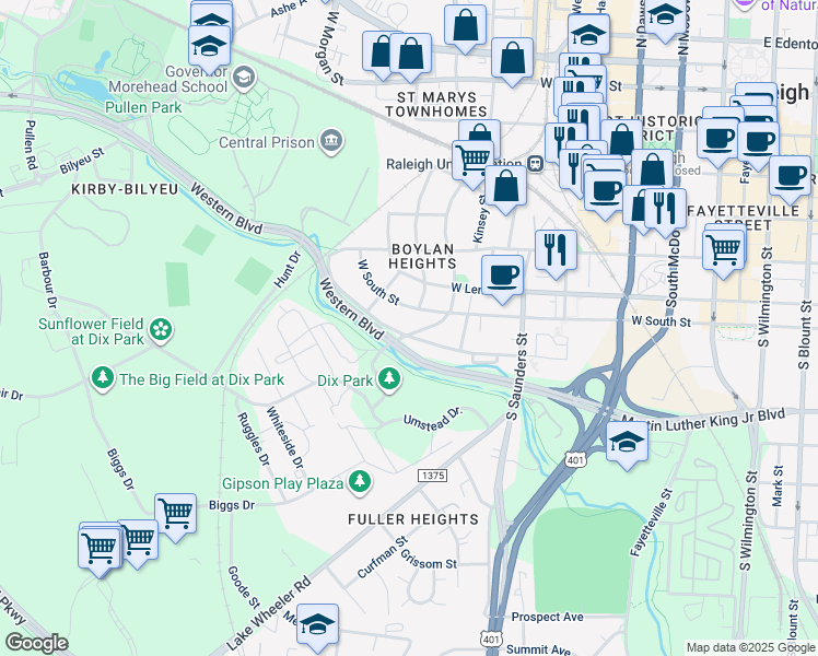 map of restaurants, bars, coffee shops, grocery stores, and more near 728 South Boylan Avenue in Raleigh