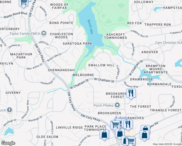 map of restaurants, bars, coffee shops, grocery stores, and more near 215 Excalibur Court in Cary