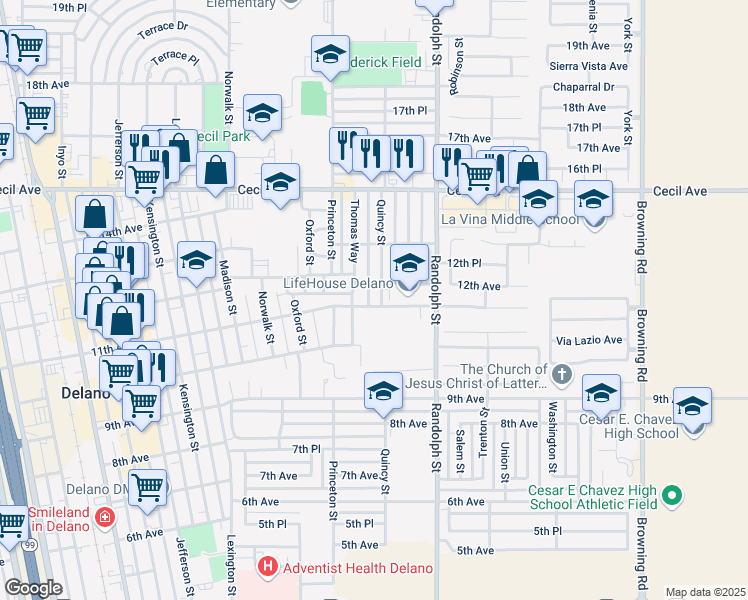 map of restaurants, bars, coffee shops, grocery stores, and more near 1621 11th Avenue in Delano