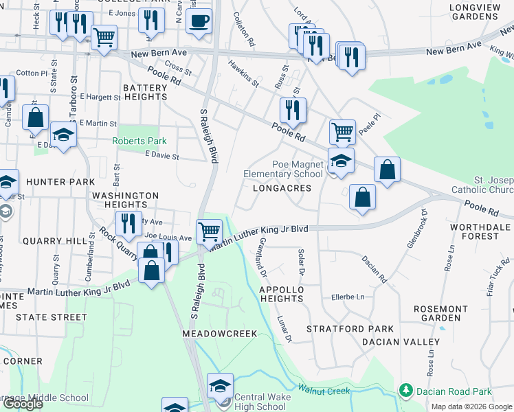 map of restaurants, bars, coffee shops, grocery stores, and more near 521 Lansing Street in Raleigh