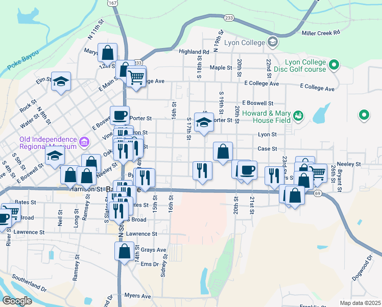 map of restaurants, bars, coffee shops, grocery stores, and more near 725 South 17th Street in Batesville