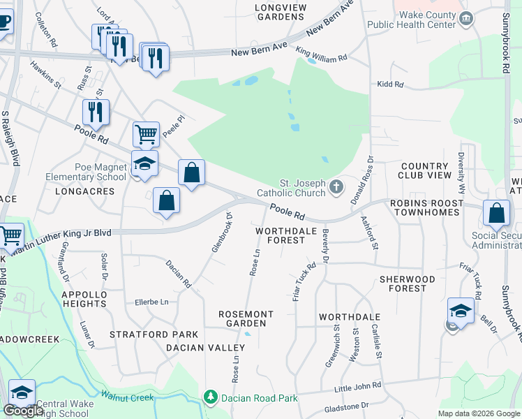 map of restaurants, bars, coffee shops, grocery stores, and more near 2632 Poole Road in Raleigh