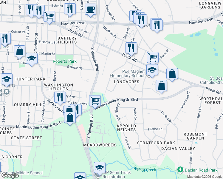 map of restaurants, bars, coffee shops, grocery stores, and more near 523 Parnell Drive in Raleigh