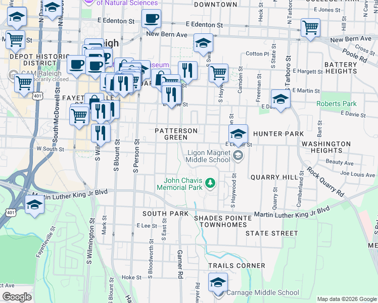 map of restaurants, bars, coffee shops, grocery stores, and more near in Raleigh