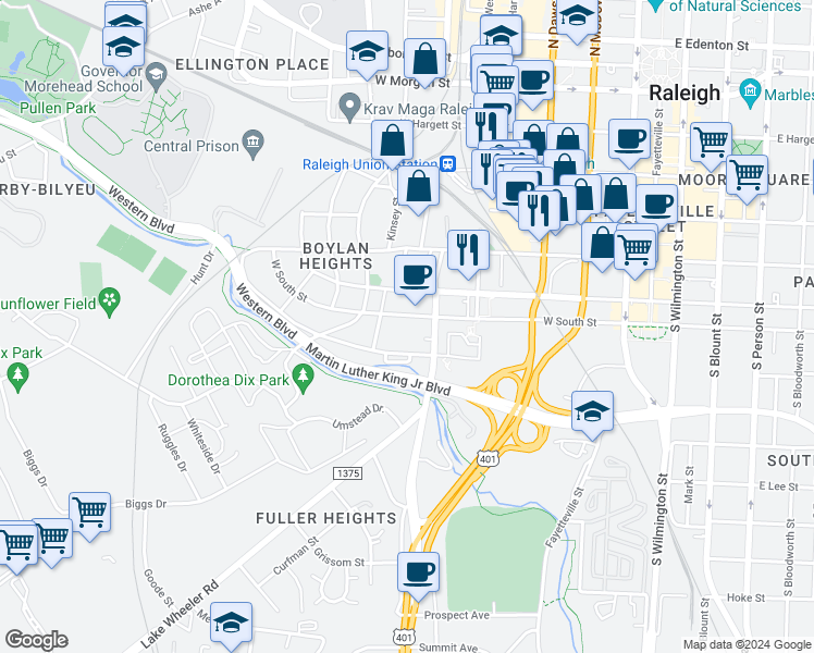 map of restaurants, bars, coffee shops, grocery stores, and more near 617 West South Street in Raleigh