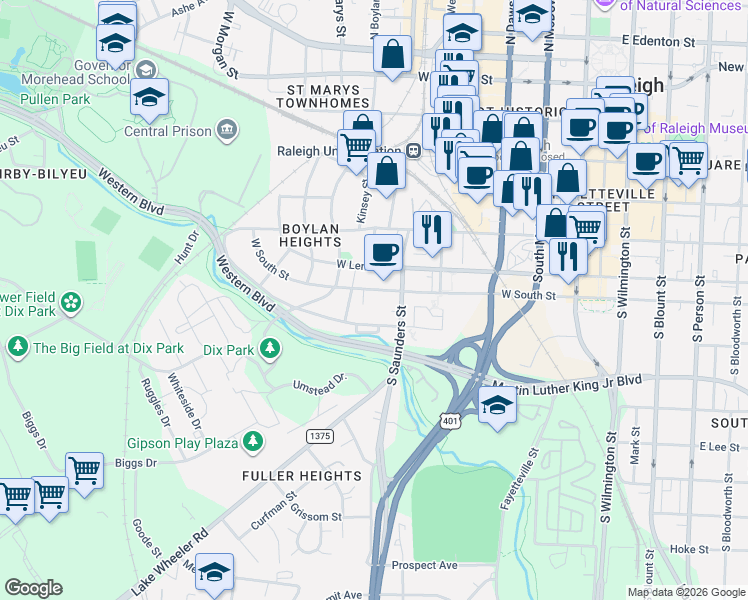 map of restaurants, bars, coffee shops, grocery stores, and more near 617 West South Street in Raleigh