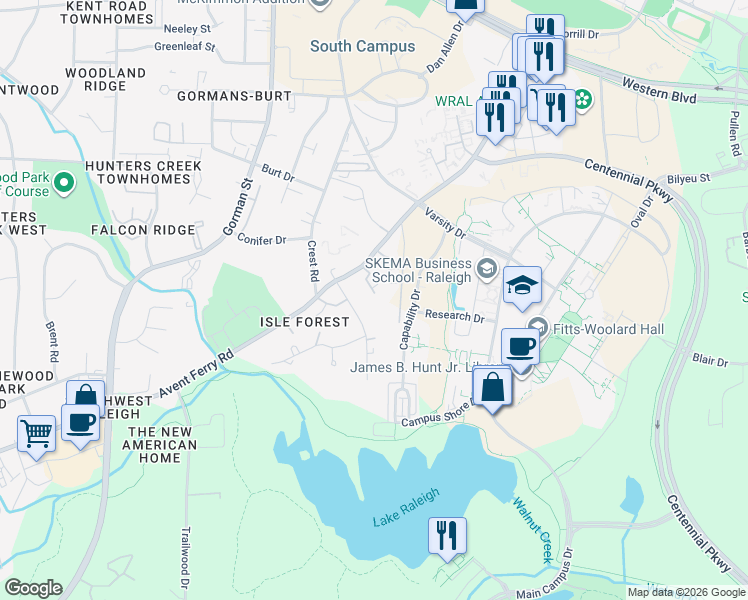 map of restaurants, bars, coffee shops, grocery stores, and more near 652 Centennial View Lane in Raleigh