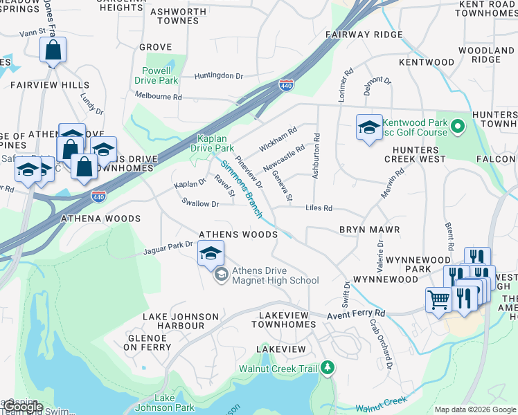 map of restaurants, bars, coffee shops, grocery stores, and more near 1326 Pineview Drive in Raleigh