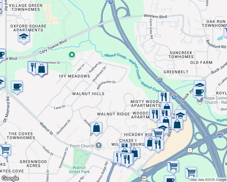 map of restaurants, bars, coffee shops, grocery stores, and more near 1049 Dunsford Place in Cary