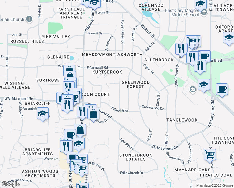 map of restaurants, bars, coffee shops, grocery stores, and more near 1010 Washington Street in Cary