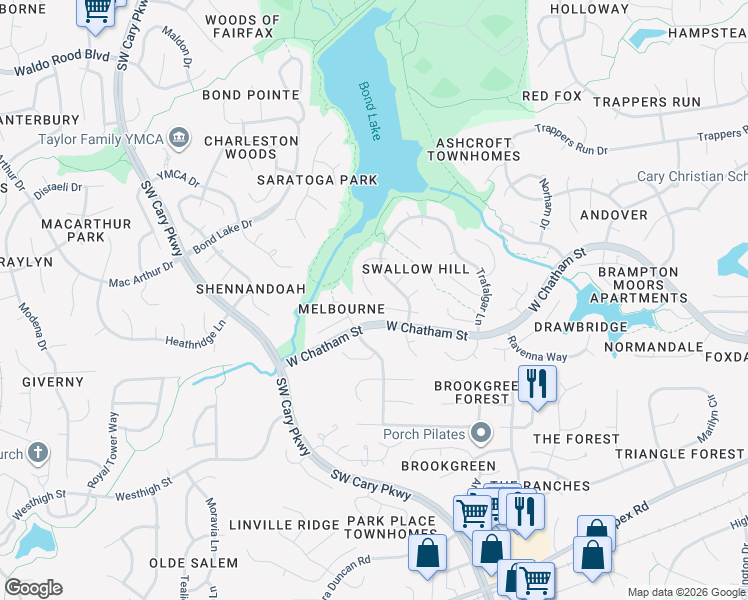 map of restaurants, bars, coffee shops, grocery stores, and more near 215 Excalibur Court in Cary