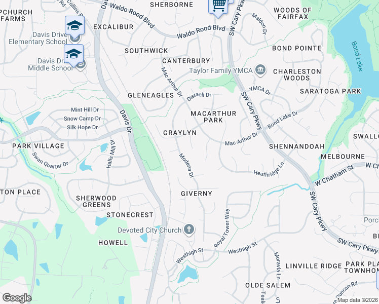 map of restaurants, bars, coffee shops, grocery stores, and more near 303 Modena Drive in Cary