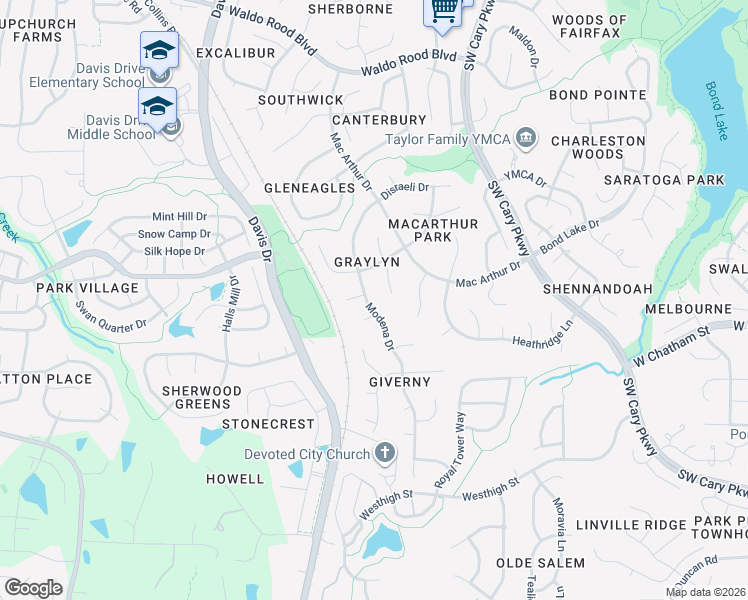map of restaurants, bars, coffee shops, grocery stores, and more near 303 Modena Drive in Cary