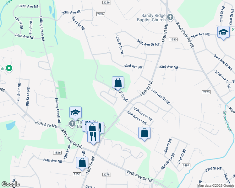 map of restaurants, bars, coffee shops, grocery stores, and more near 3131 9th Street Drive Northeast in Hickory