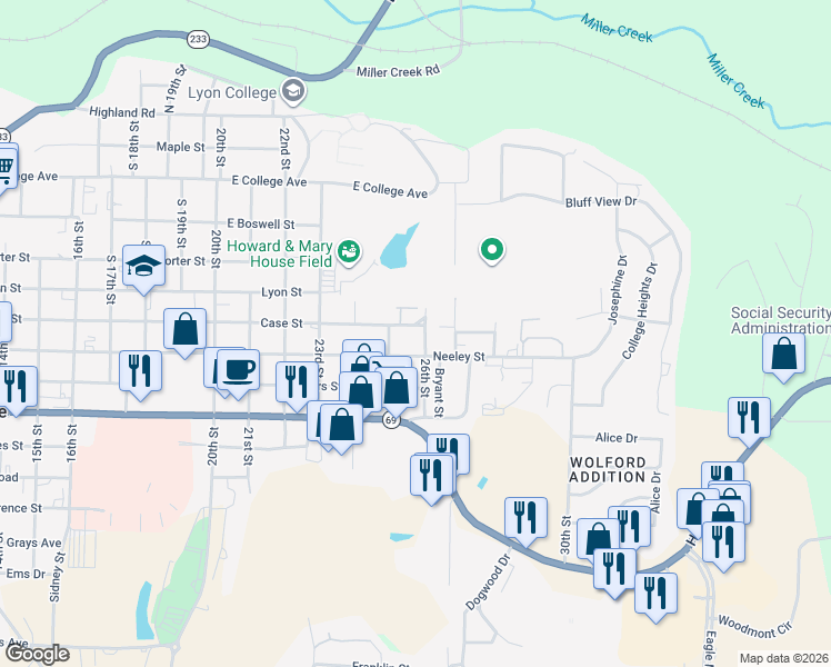 map of restaurants, bars, coffee shops, grocery stores, and more near 745 26th Street in Batesville