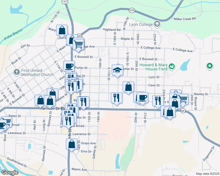 map of restaurants, bars, coffee shops, grocery stores, and more near 725 South 17th Street in Batesville