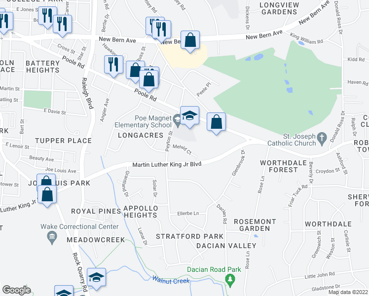 map of restaurants, bars, coffee shops, grocery stores, and more near 2476 Melvid Court in Raleigh