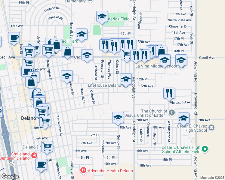 map of restaurants, bars, coffee shops, grocery stores, and more near 1621 11th Avenue in Delano