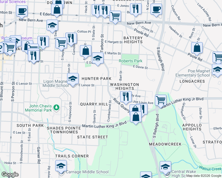 map of restaurants, bars, coffee shops, grocery stores, and more near 1214 East Lenoir Street in Raleigh