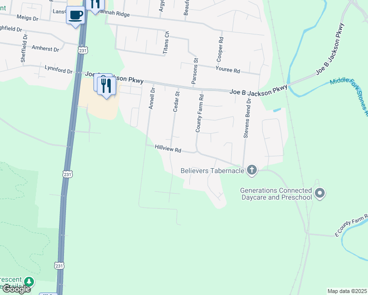 map of restaurants, bars, coffee shops, grocery stores, and more near 455 Hillview Road in Murfreesboro
