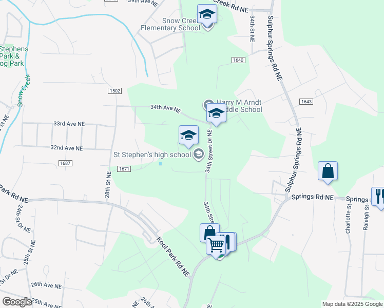 map of restaurants, bars, coffee shops, grocery stores, and more near 3205 34th Street Drive Northeast in Hickory