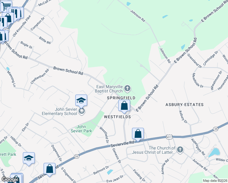 map of restaurants, bars, coffee shops, grocery stores, and more near 1102 Brown School Road in Maryville