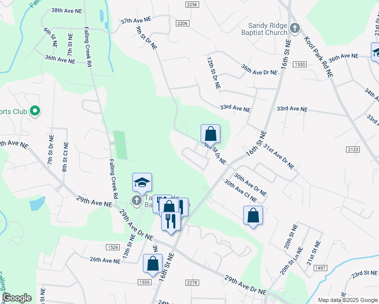 map of restaurants, bars, coffee shops, grocery stores, and more near 3131 9th Street Drive Northeast in Hickory