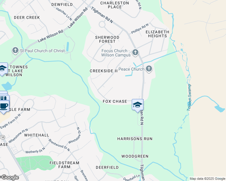 map of restaurants, bars, coffee shops, grocery stores, and more near 3608 Burkam Court North in Wilson