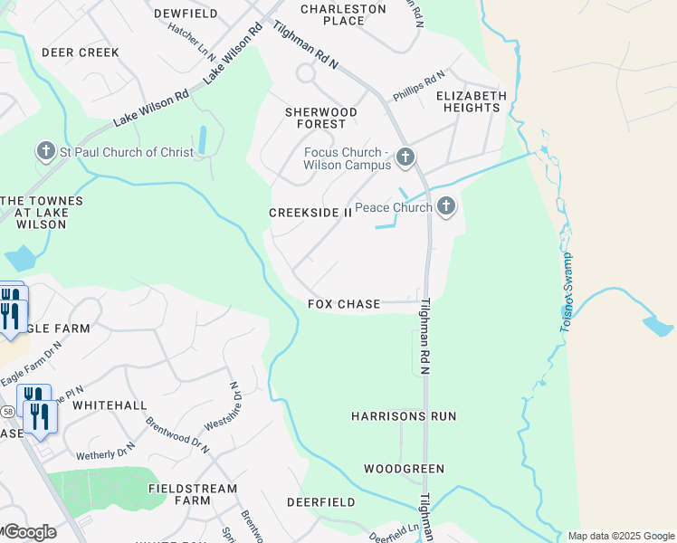map of restaurants, bars, coffee shops, grocery stores, and more near 3608 Burkam Court North in Wilson