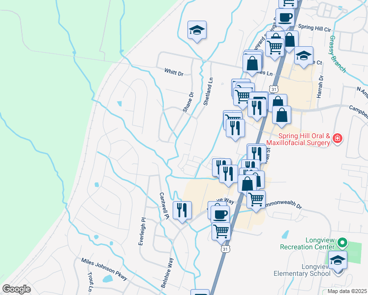map of restaurants, bars, coffee shops, grocery stores, and more near 1803 Ireland Drive in Spring Hill