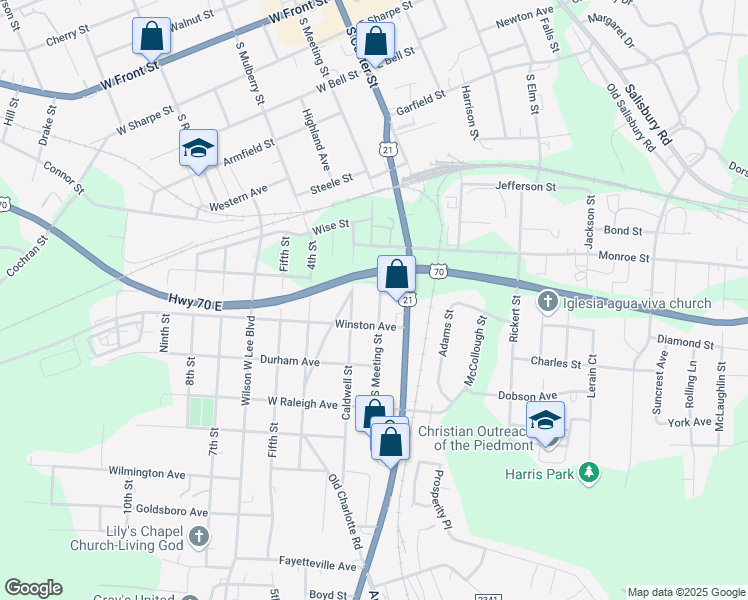 map of restaurants, bars, coffee shops, grocery stores, and more near 914 South Meeting Street in Statesville