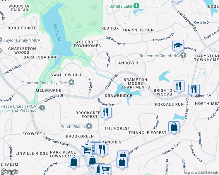 map of restaurants, bars, coffee shops, grocery stores, and more near 113 North Drawbridge Lane in Cary