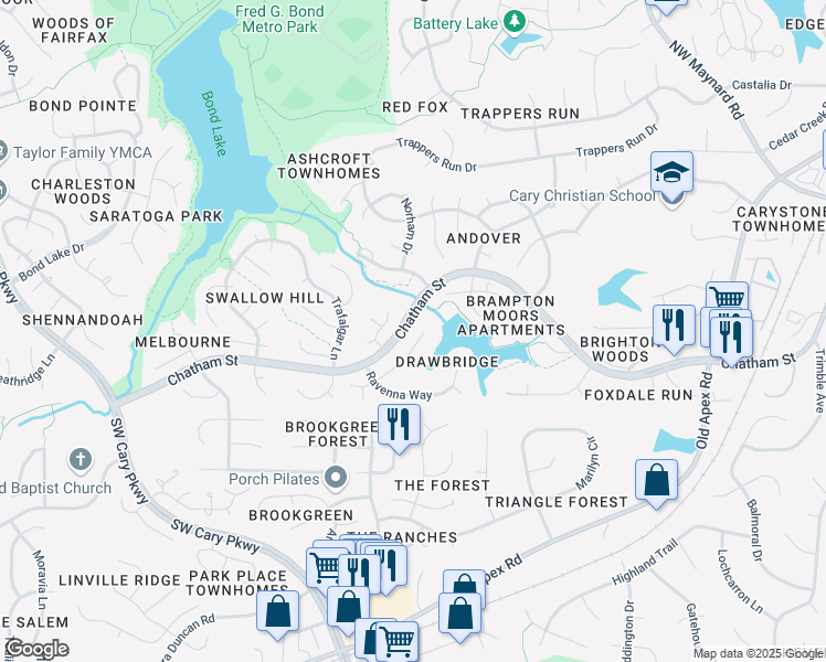 map of restaurants, bars, coffee shops, grocery stores, and more near 113 North Drawbridge Lane in Cary