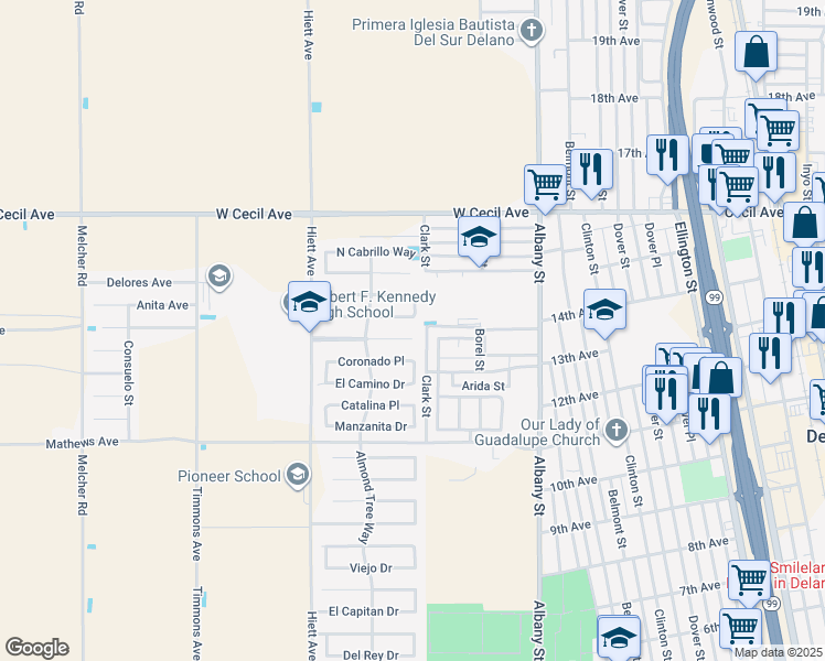 map of restaurants, bars, coffee shops, grocery stores, and more near 311 Franciscan Plaza in Delano