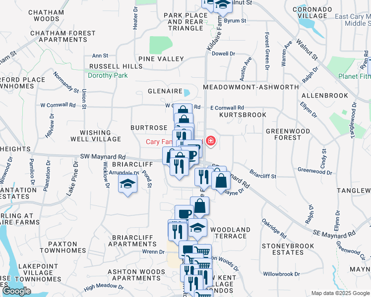 map of restaurants, bars, coffee shops, grocery stores, and more near 980 Kildaire Farm Road in Cary