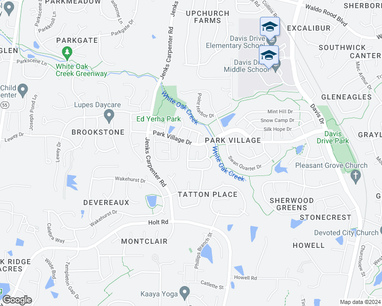 map of restaurants, bars, coffee shops, grocery stores, and more near 105 Old Dock Trail in Cary