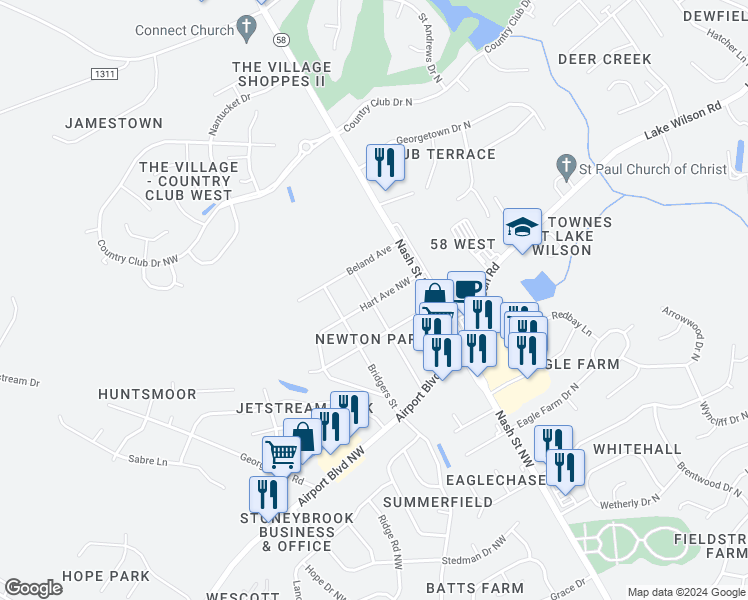 map of restaurants, bars, coffee shops, grocery stores, and more near 4001 Hart Avenue Northwest in Wilson
