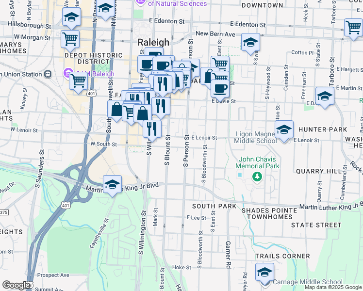 map of restaurants, bars, coffee shops, grocery stores, and more near 225 East South Street in Raleigh