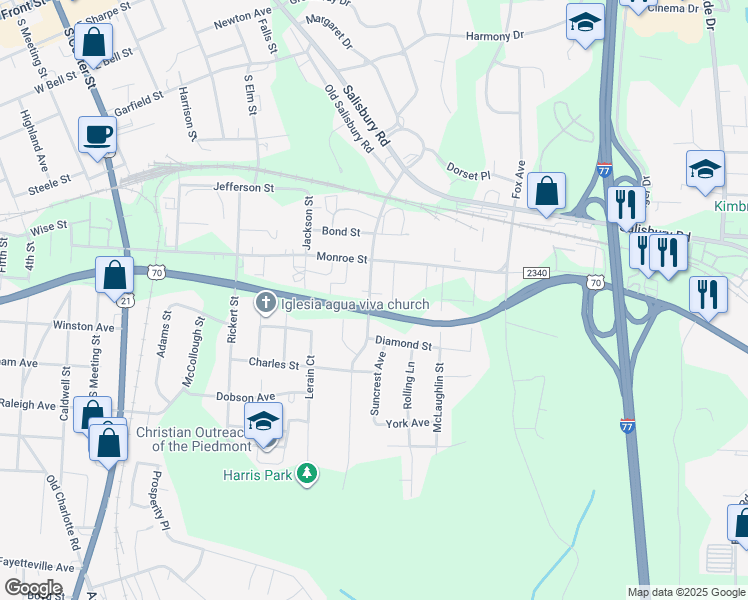 map of restaurants, bars, coffee shops, grocery stores, and more near 837 Opal Street in Statesville