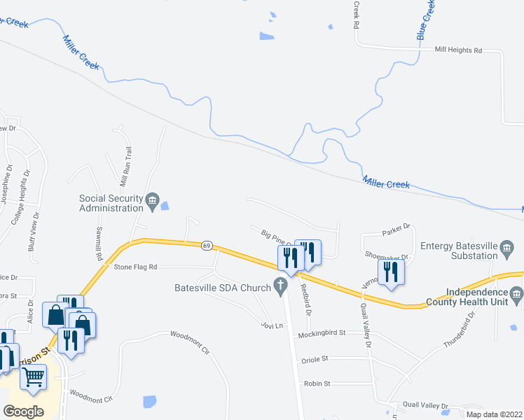 map of restaurants, bars, coffee shops, grocery stores, and more near 123 Big Pine Road in Batesville