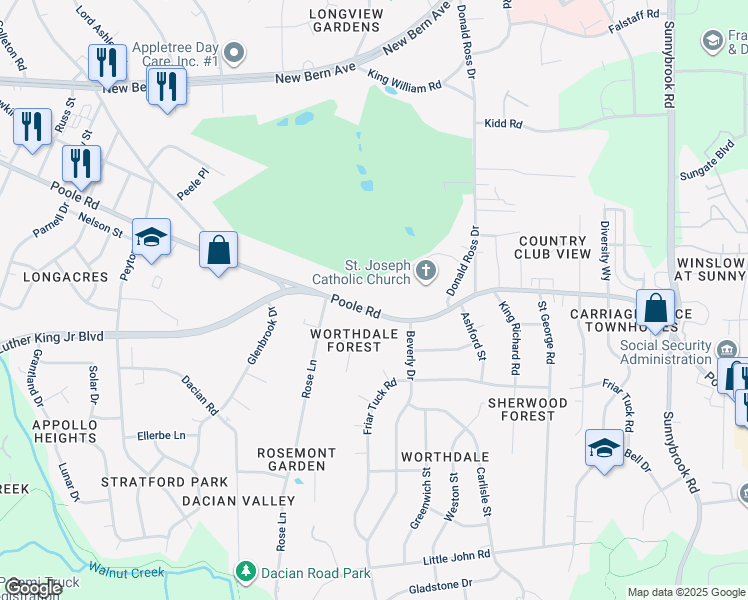 map of restaurants, bars, coffee shops, grocery stores, and more near 2755 Poole Road in Raleigh